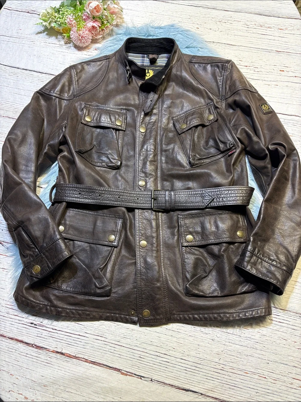 Belstaff Brown Leather Belted Military Field Motorcycle Jacket sz XL